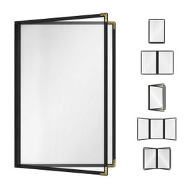 Goodsmart Restaurant Menu Covers – 25 Pack Black 4-View 8.5" x 14", Side-Loading Vinyl & Plastic Menu Holders, Clear Menu Sleeves, Leather-Style Café Covers with Gold Corners