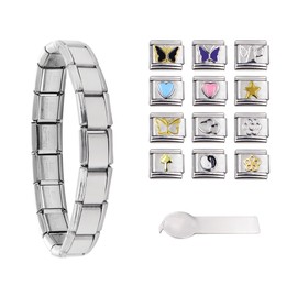 Italian Charm Bracelets for Women, Italian Bracelet of 9mm Stainless Steel Links, Italian Charm Bracelet Charms Pack with Started Bracelet, Assorted Charms and Opening Tools (Silver)