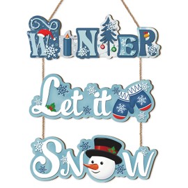 LHIUEM Christmas Winter Let It Snow Wooden Signs Set of 3(4”x16”) Merry Christmas Blue Snowflake Hanging Plaque Cute Snowman Wall Decor Pine Tree Happy Xmas Wood Door Hanger for Farmhouse Bedroom