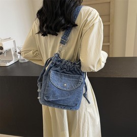 WIGUYUN Denim Crossbody Bag Small Drawstring Phone Bag Casual Bucket Purse Shoulder Messenger Bag,Light Blue