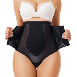 Nebility Thong Shapewear for Women Tummy Control Body Shaper Panties High Waisted Trainer Thigh Slimmer Underwear(Black,Medium)