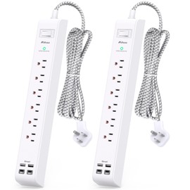 2 Pack Power Strip Surge Protector - 6 Outlets 4 USB Charging Ports, 5Ft Braided Extension Cord, Flat Plug, Overload Protection, Wall Mount for Home Office, Dorm Room Essentials White