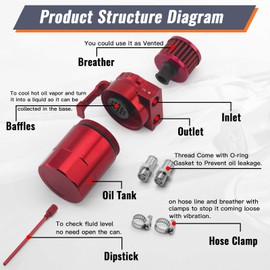 muge racing Universal Oil Catch Can Tank Kit Polish Baffled Reservoir with Breather Filter with 3/8" Fuel Line,Aluminum,Red,400ml