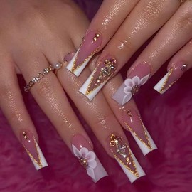 Press on Nails Medium Long Square BAOYAALIN, White Fake Nails with Flower Rhinestones Design Gel Glue on Nails for Women Girls Full Cover Acrylic Artificial False Stick on Nail for Wedding
