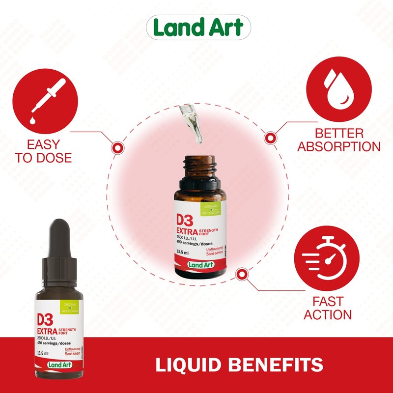 Land Art Certified Organic Vitamin D3 (490 Drops/Servings) - Extra
