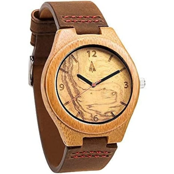 Treehut Wooden Watches for Men,Bamboo Watch with Genuine Brown Leather