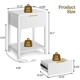 Lulive Night Stand Set 2, Fluted Nightstand with Charging Station, Wood Modern Bedside End Table with Storage Drawer for Bedroom, Save Space (Set of 2, White)