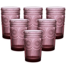 ZMOWIPDL Vintage Glassware Drinking Glasses Set of 6,13 oz Purple Textured Flower Design Glass Water Tumblers，Embossed Striped Drinkware for Water,Cocktails,Juice,Iced Coffee