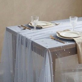 Horaldaily - Mantel de gasa blanca y azul perla, rectangular, de 60 x 84 pulgadas, diseño de gasa de tul de primavera, verano, para decoración de mesa de boda y cumpleaños