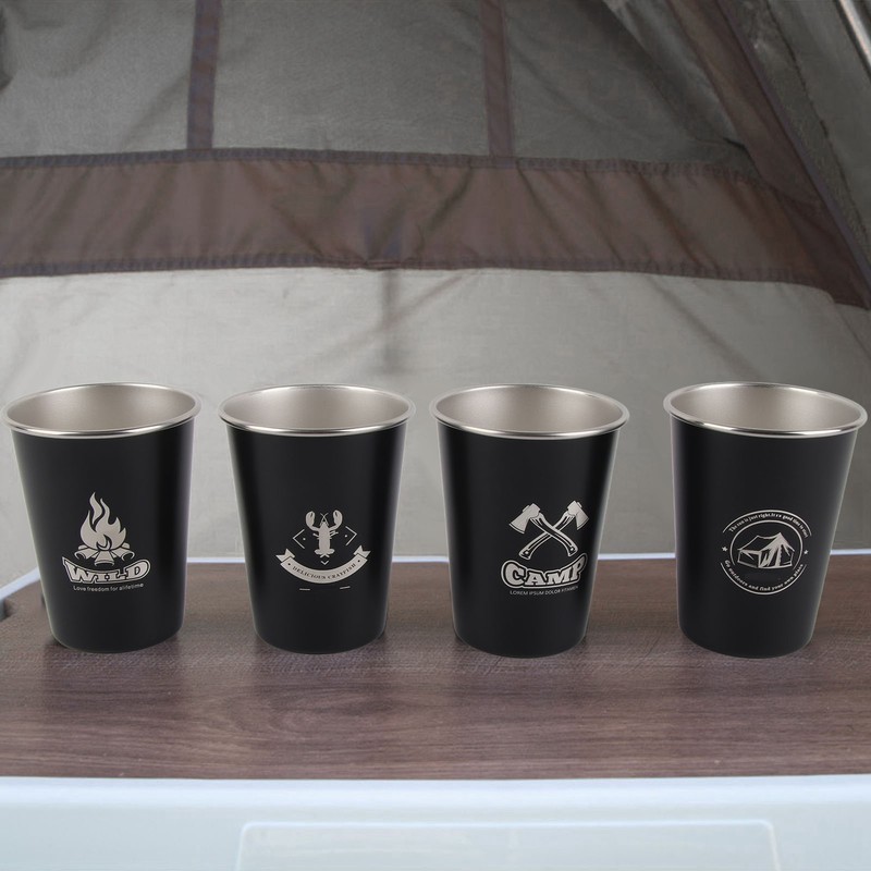 4pcs Camping Cups Black 350ml Outdoor Camping Portable Stainless Steel