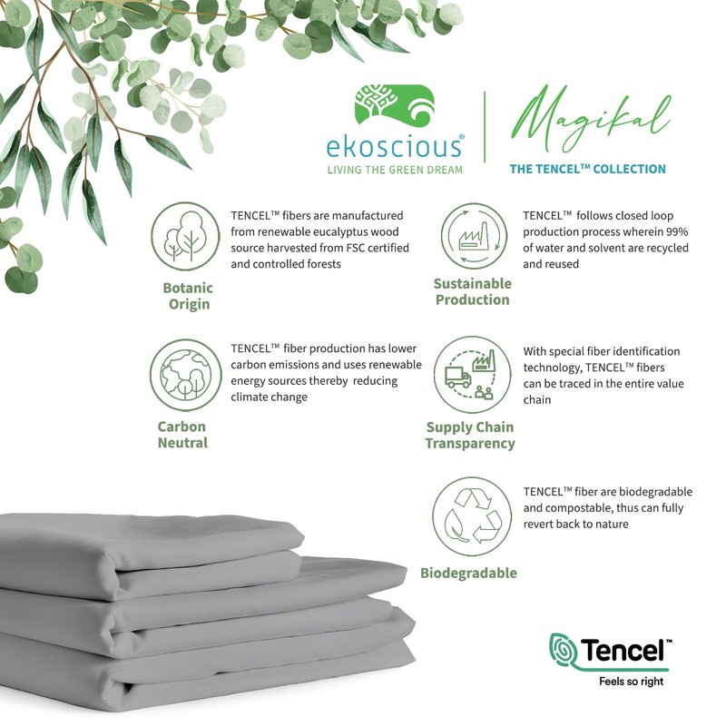 EKOSCIOUS 100% Tencel Lyocell Eucalyptus Sateen Soft Solid, Double Size,