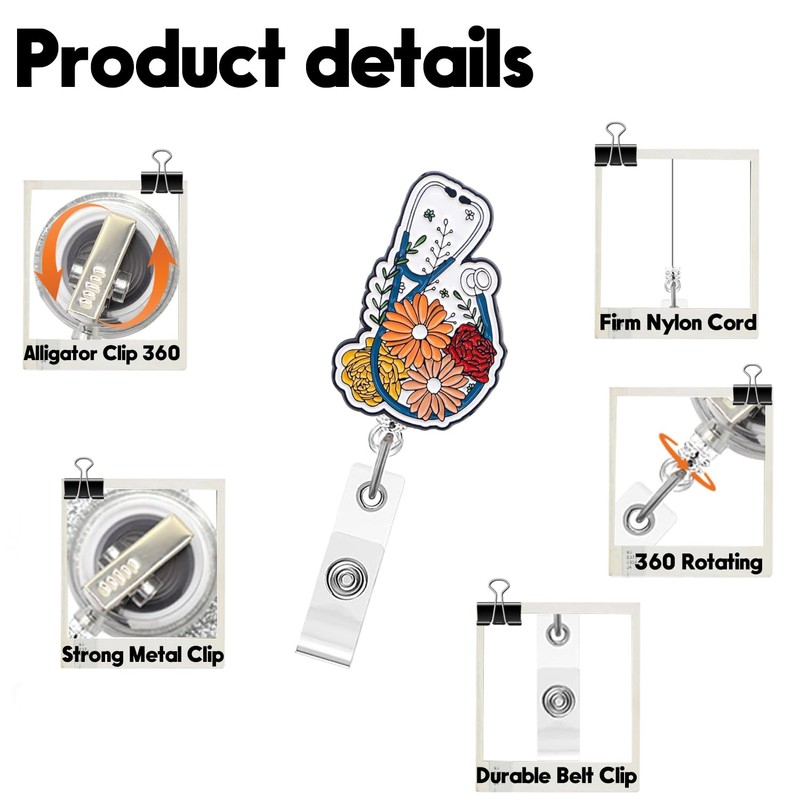 Stethoscope Badge Reel,Cute Flora Acrylic Badge for ID Card Badge,Fun