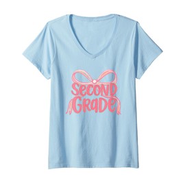Womens Preppy Second Grade Coquette Bow Back To School Teacher Girl V-Neck T-Shirt