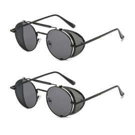 Bohue 2 Pairs Steampunk Sunglasses Retro Round Side Shield Sunglasses Vintage Retro Eyewear Metal Round Goggle for Men Women
