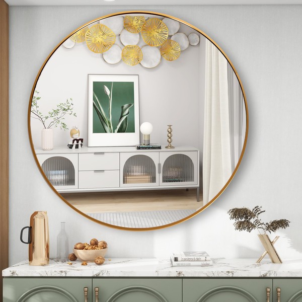 FAYUSHOW Gold Round Mirror for Wall Mounted, 23.6inch Circle Mirror, Wall Mounted Circle Mirror for Wall Decor, Vanity, Living Room, Bedroom