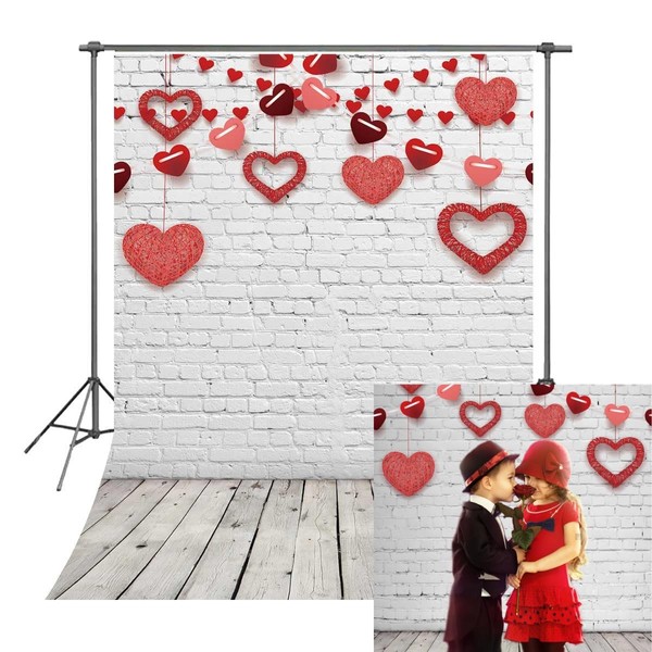 RUINI Valentine's Day Backdrop Bokeh Red Heart Rustic White Brick