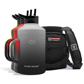 NATURE PIONEOR 64oz Insulated Water Bottle with Handle,Stainless Steel Half Gallon Water Bottle with Straw,Metal Large Tumbler Jug with Holder Carrier，Keep Cold Hot, Black