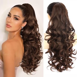 PORSMEER Ponytail Hair Extension Claw Clip in Ponytail Extensions Long Curly Wavy Ponytail Hair Extension Jaw Clip on Pony Tails Hairpiece for Women 26 inches (Brown)