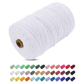 Uiopa Macrame Yarn, White, 3 mm x 200 m, Coloured Cotton Cord, Cotton Rope, Braided Cotton Yarn, Cotton Cord, 4 Strands Macrame Yarn for Wall Hanging, Hanging Plant, DIY Boho Decoration