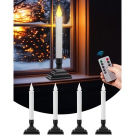 SURAIRLEC Battery Operated Window Candles with Remote, Timer, Dimmable, Flicker or Steay on LED Candle Lights, Removable Candle Holders, Christmas Candles for Window, Matte Black, 4-Pack