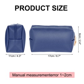 sourcing map PU Leather Square Makeup Bag, Waterproof Cosmetic Organizer Bag Zipper Pouch Travel Toiletry Bag for Women for Makeup Brush Holder (Dark Blue, Small)