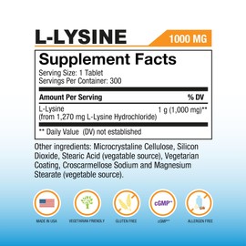 Puregen Labs L-Lysine Extra Strength 1000 MG per Tablet - 300 Servings | High Potency, Immune and Collagen Synthesis Support, Non-GMO, NO Gluten and Dairy - 300 Tablets Made in USA