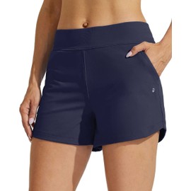 Willit - Pantalones cortos de natación para mujer, con control de abdomen y forro, Azul marino, M