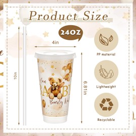Frienda 12 Pcs Baby Shower Cups 24 oz Bear Baby Shower Plastic Cup with Lid and Straw Reusable Bear Cups for Baby Shower Supplies Gender Reveal Party Favors Decoration