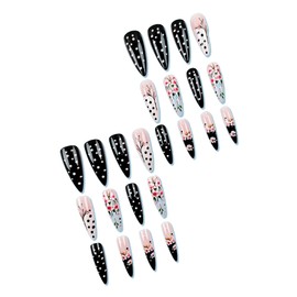 MERVF Long Stiletto Press on Nails Black White Fake Nails Flower Glue on Nails Press ons with Wave Point Design Almond Spring Acrylic False Nails for Women Glossy 24pcs