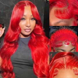 MIGURA Red Wig Human Hair 200 Density 13x4 Body Wave HD Lace Frontal Wig for Women, Glueless, 24 Inch