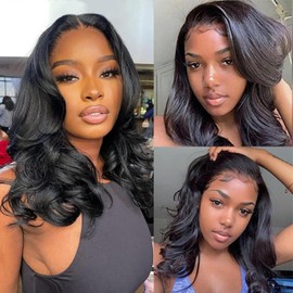 YTSOQ Bob Wig Human Hair 13x6 Frontal Lace Wig Body Wave HD Lace Front Wigs Pre Plucked Glueless Bob Wigs Human Hair Natural Black Loose Wavy Wig for Women 16 Inch