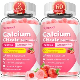2 Pack Calcium Citrate Gummies 1200mg, Calcium Supplement for Women & Men, High Absorption Calcium Supplement with Vitamin D3, Magnesium & Zinc for Muscle, Bone & Immune Support, Strawberry Flavor