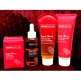 Super Berry Skincare Set with Brightening Serum, Hydrating Jelly Cream, Exfoliating Cleanser, Clay Mask, Vitamin C, Hyaluronic Acid, Kojic Acid, 4 Piece