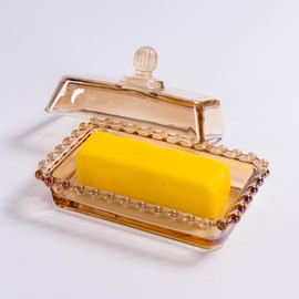 Glass Butter Dish with Lid for Countertop, Champagne Color Crystal Glass Covered Butter Stick Holder Tray, Butter Storage Container for Fridge