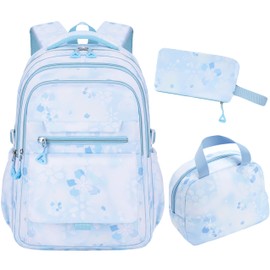QYTFOA - Mochila para niños para niñas con bolsa de almuerzo y estuche para bolígrafos, escuela primaria media y secundaria, Azul, Large, dibujos animados