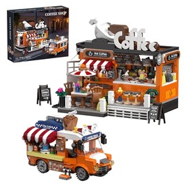 City Coffee House Building Blocks Set, 1185 Pcs Cafe Shop Building Toys with Bar Counter Mobile Coffee Car,STEM Construction Toys Model for Home Decor, Gift for Adults Teens Boys Girls 8-12+