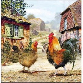 Set of 2 Individual Decoupage Paper Party Napkins Mixed Media CHICKENS ROOSTER HEN Decor Luncheon Beverage Christmas Series Napkin for a Birthday, Holiday, Wedding, Cocktail Party