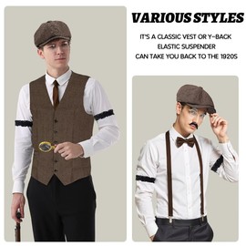 VillbeCoser 1920s Mens Costume Roaring 20s Costumes Accessories Set 1920s Vest Suspenders Hat Pocket Watch Tie (DarkBrown-2XL)