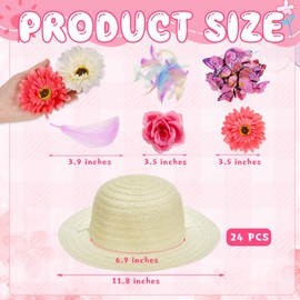 Hotop 197 Pcs DIY Girls Straw Hats Set Tea Party Hats for Kids Include 24 Pcs Straw Hats 48 Pcs Artificial Flower 24 Pcs Faux Butterfly 100 Pcs Fake Feather Straw Hats for Craft Dress up Hats
