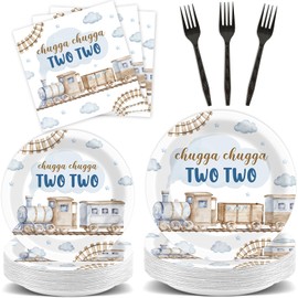 96Pcs Chugga Chugga Two Two Birthday Party Supplies Watercolor Train 2nd Year Old Paper Plates and Napkins Choo Choo I'm 2 Tableware Disposable Dessert Dinnerware Set for Birthday Decor for 24 Guests