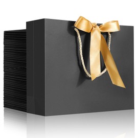 EUSOAR Thank You Gift Bags With Handles, 50pcs 10.6"x3.1"x8.3" Black Kraft Gift Paper Bags with Bow Ribbon Handle, Wedding Party Favor Gift Treat Bags Bulk Baby Shower Guests Bridal