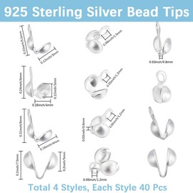 Beebeecraft Pack of 160 4 Styles Open Pearl Tips Knot Covers 925 Sterling Silver Plated 5.5/6/7.5/8 mm Tiny Shell Pearl Covers for Folding, Knot Covers