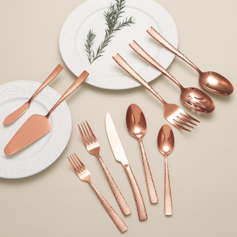45-Piece Silverware Set with Serving Utensils Set, Rose Gold Hammered
