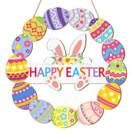 Wooden Easter Decoration Door Wreath for Front Door Sign Wall Signs Rabbit Spring Decoration, Hollow Bunny Sign Flower Egg Welcome Hanging for Home Wall Decor Party Outdoor indoor Supply Happy Easter