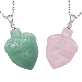 Nupuyai Pack of 2 Hand-carved Mini Hazelnut Crystal Amulet Necklace Pendant for Women Men, Healing Spiritual Stone Pendant with Stainless Steel Chain, Green Aventurine & Rose Quartz