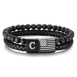 MEALGUET Initial C Bracelet for Men Gifts : Mens American Flag Letter Black Lava Rock Braided Leather Bracelets for Valentines Birthday Christmas Male Jewelry Gift for Him Husband Dad Son Boyfriend
