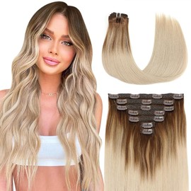 Clip in Hair Extensions Straight Human Hair for Women 100% Real Full Head Human Hair 24inch 7PCS 140G Balayage Chocolate Brown Highlighted Dirty Blonde Brazilian Remy Double Weft Hair Extentions