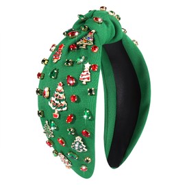 HZEYN Christmas Headbands for Women Christmas Tree Headband Jeweled Crystal Embellished Knotted Headband Winter Holiday Hair Accessories Gifts (Green-Christmas Tree)
