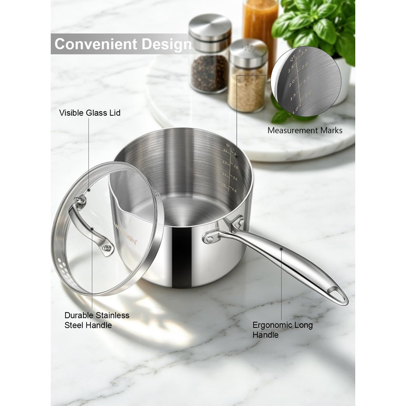 VENTION Tri-Ply Stainless Steel Saucepan with Glass Strainer Lid, 3