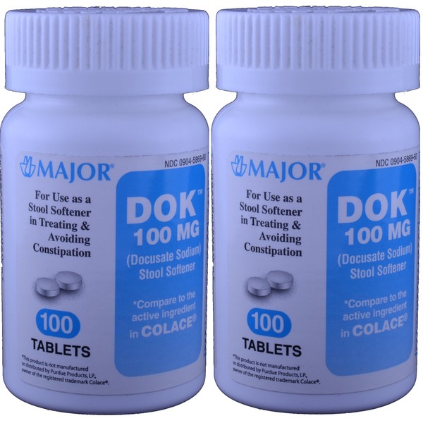 Docucate Sodium 100 mg Crushable Tablets for Gentle, Reliable Relief from Occasional Constipation Generic for Colace Crushable 100 Tablets per Bottle Pack of 2 Bottles Total 200 Tablets